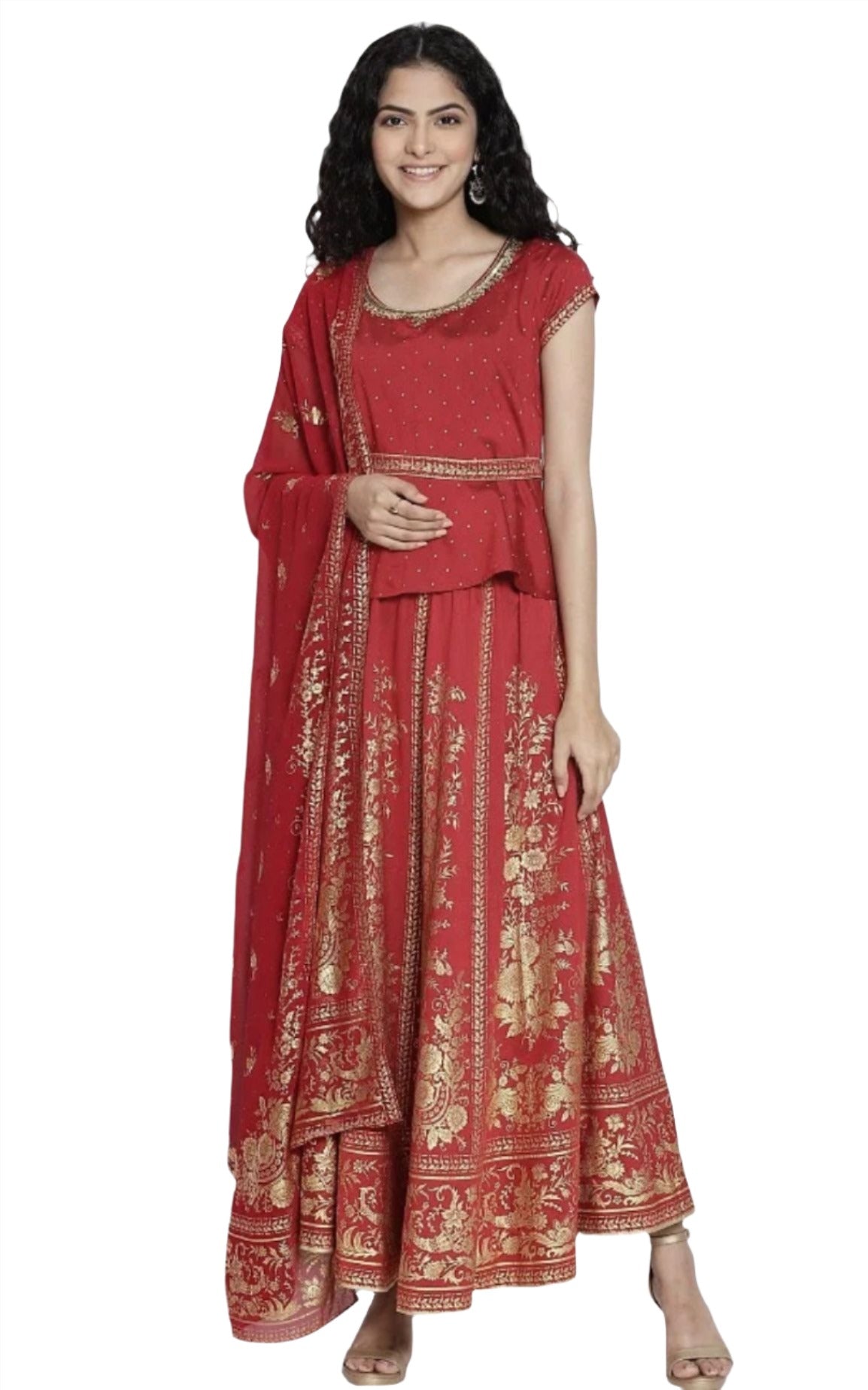 Red Printed Top Skirt Dupatta Set
