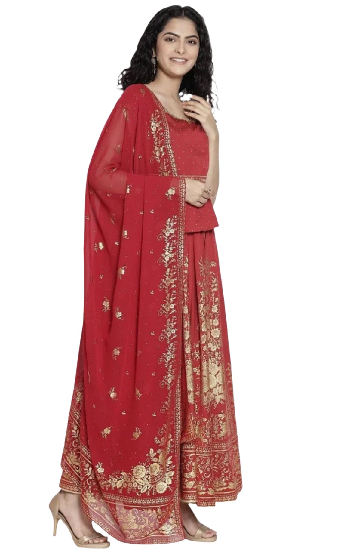 Red Printed Top Skirt Dupatta Set
