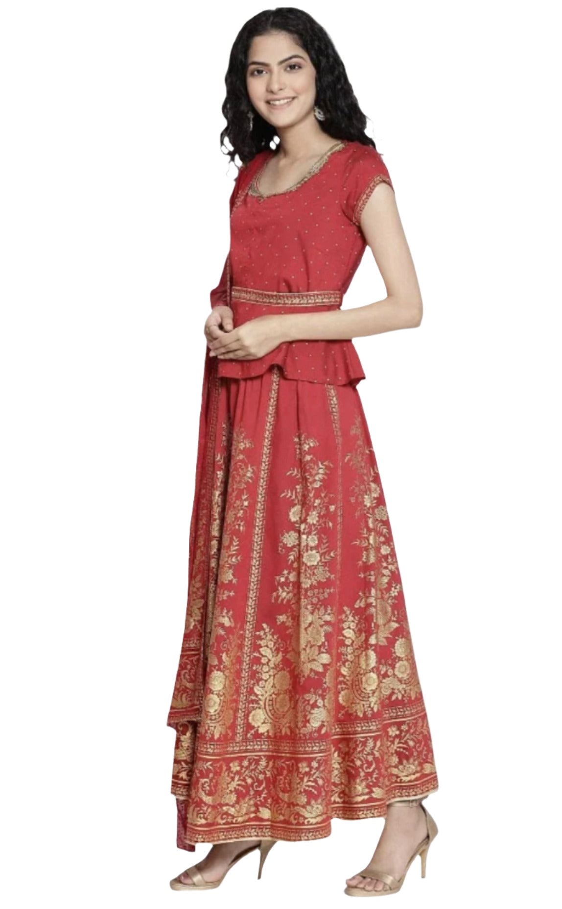 Red Printed Top Skirt Dupatta Set Side