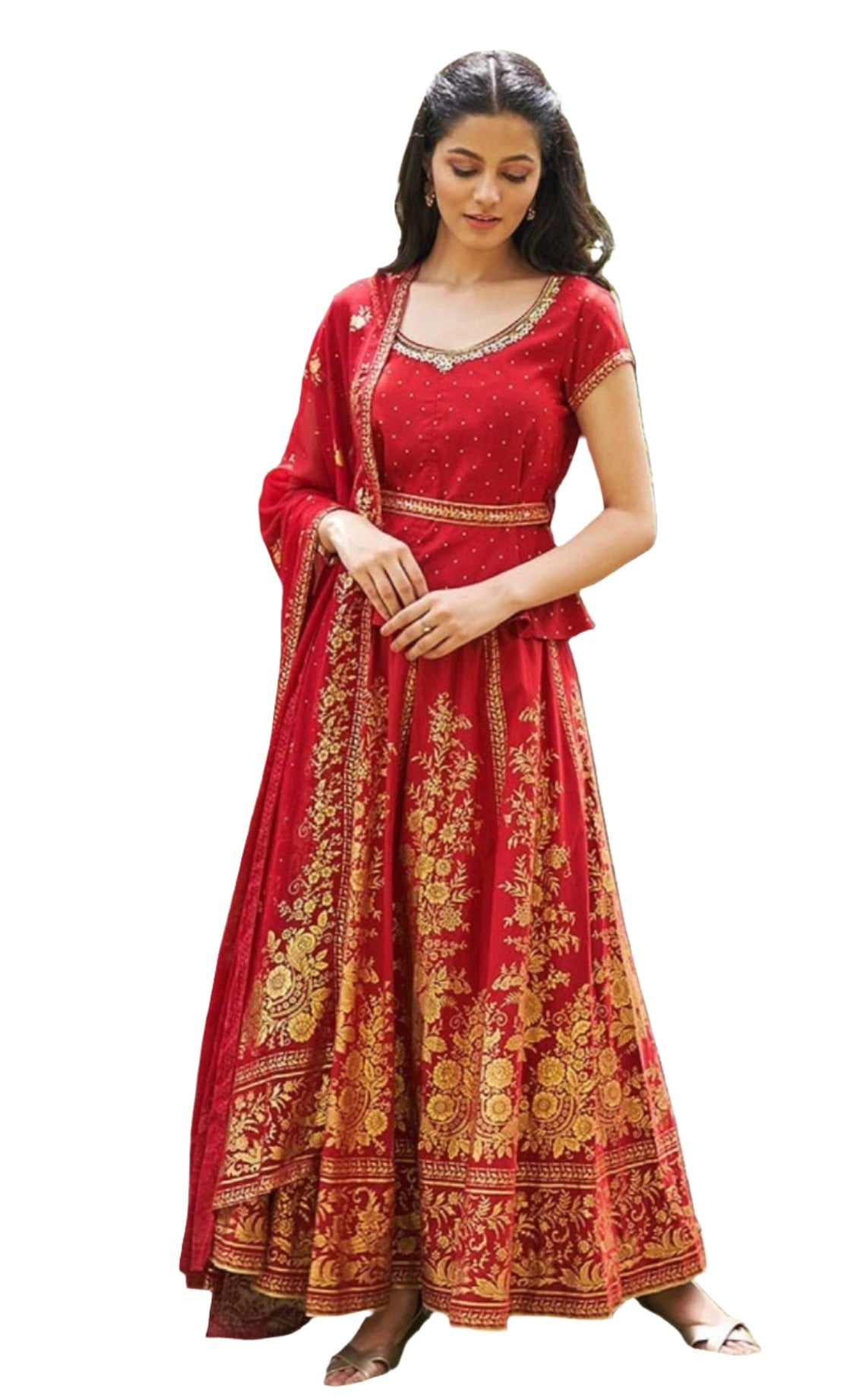 Red Printed Top Skirt Dupatta Set zoom out