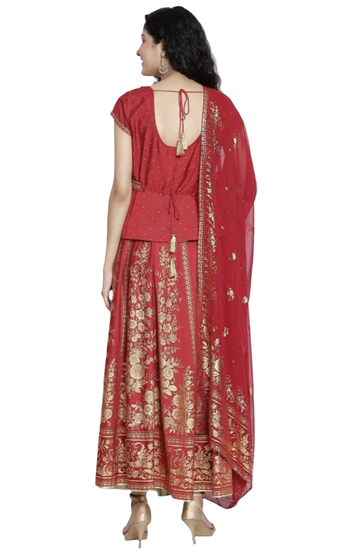 Red Printed Top Skirt Dupatta Set Back