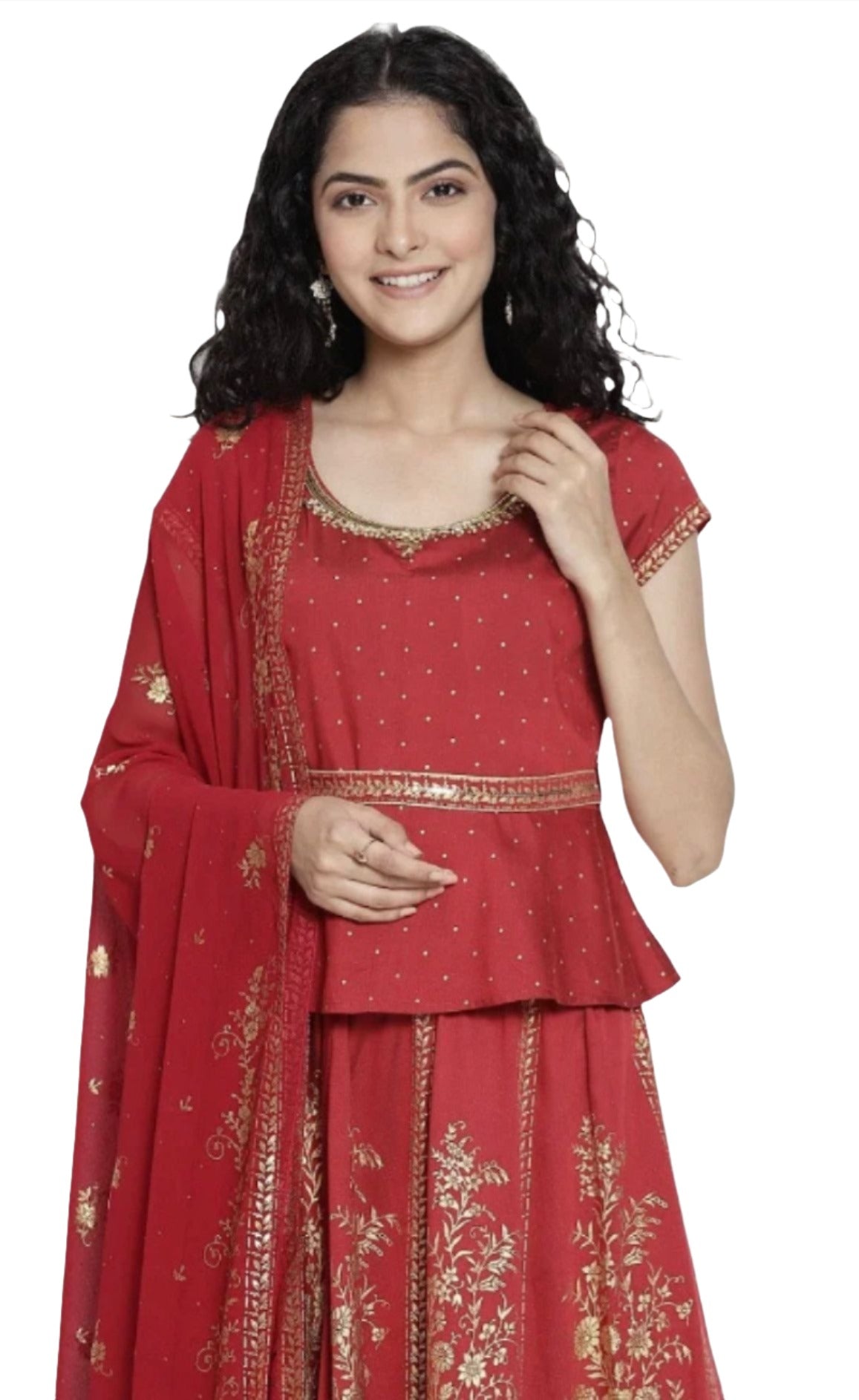 Red Printed Top Skirt Dupatta Set front