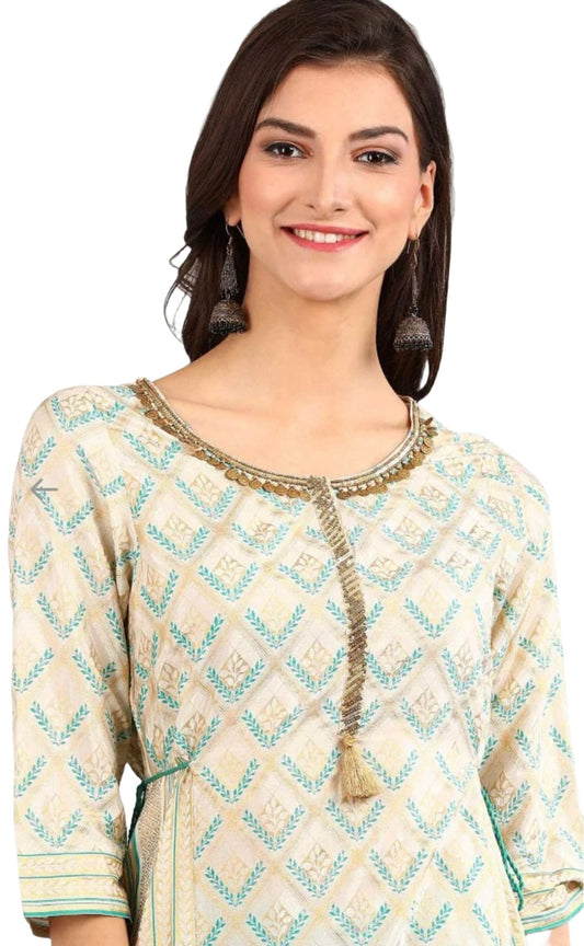 Cream Round Neck Asymmetrical kurta Set embroidery and fabric detail - Neha Couture Indian Fashion