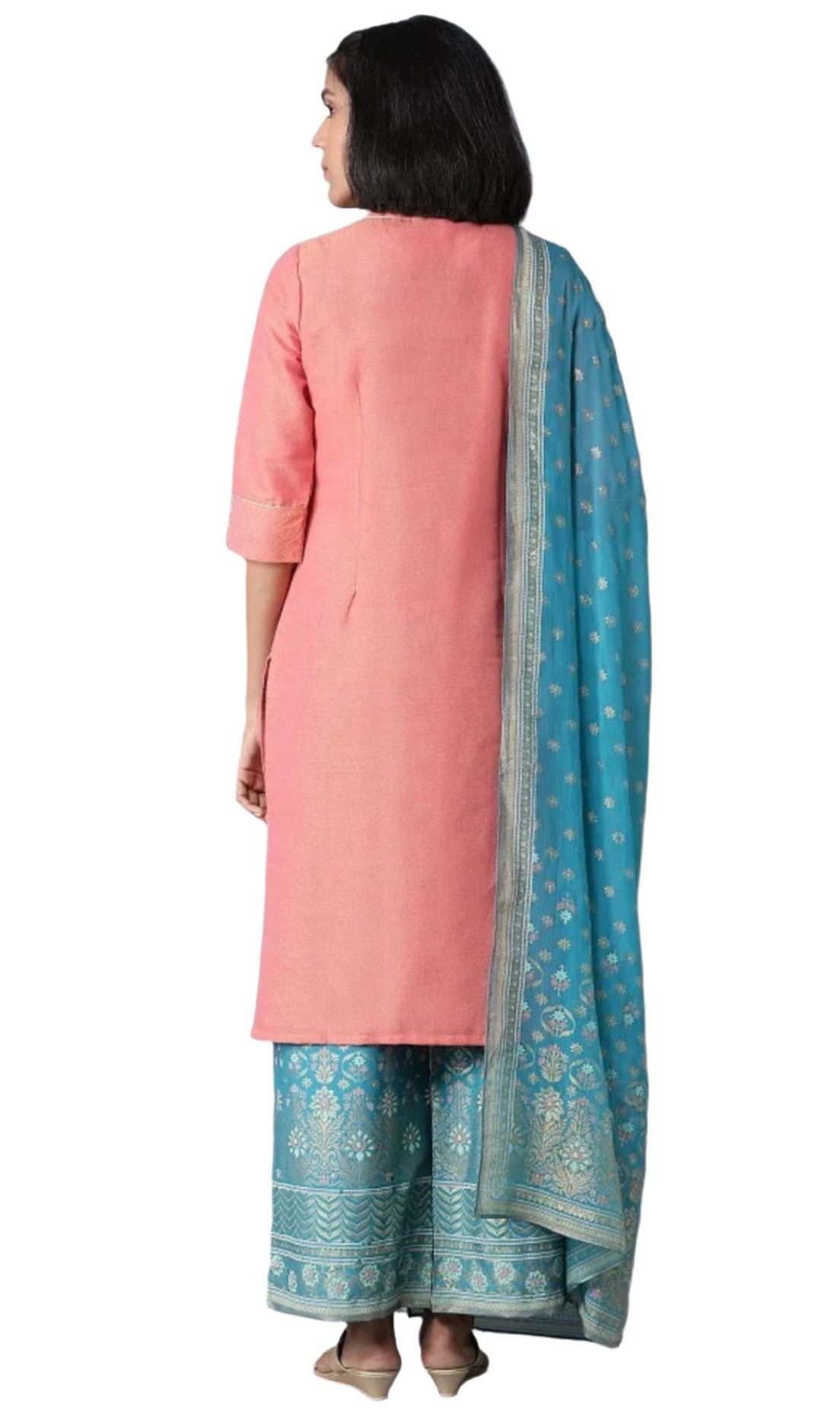 Peach Yarn-Dyed Straight kurta-Palazzos-Dupatta Set in Berlin