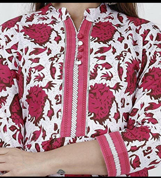 Women Red Cotton Kurti Pant Dupatta Set embroidery and fabric detail - Neha Couture Indian Fashion