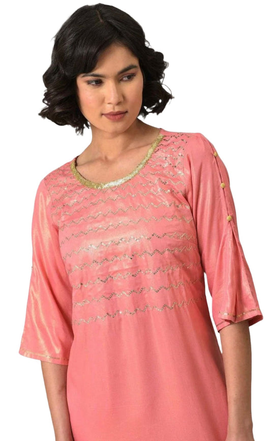 Peach Pink Printed Straight kurta-Sharara Set embroidery and fabric detail - Neha Couture Indian Fashion