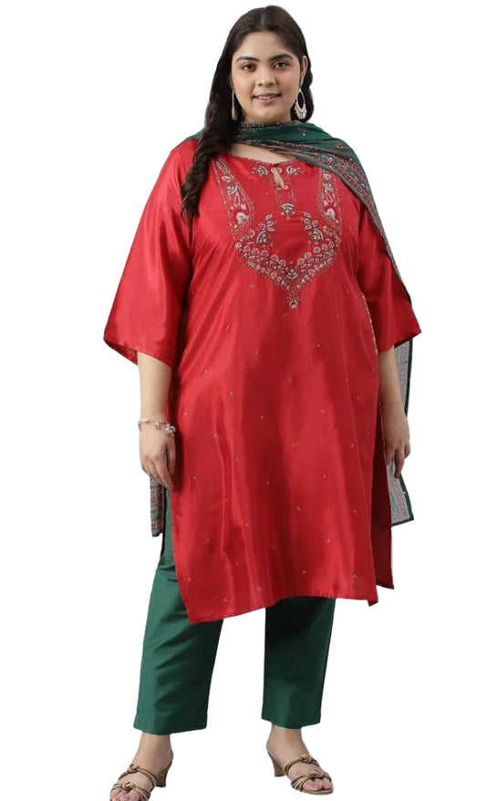 Plus Size Red Glitter Printed Festive kurta With Green Slim Pants And Printed Dupatta in Poland embroidery and fabric detail - Neha Couture Indian Fashion