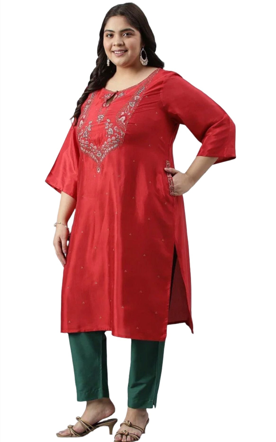 Plus Size Red Glitter Printed Festive kurta With Green Slim Pants And Printed Dupatta in Poland