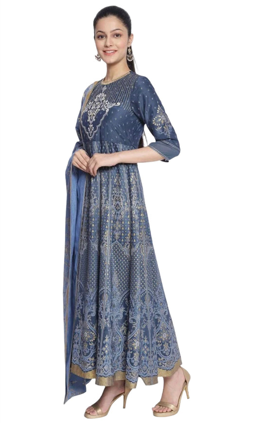 Dark Grey Printed Dress-Dupatta Set embroidery and fabric detail - Neha Couture Indian Fashion