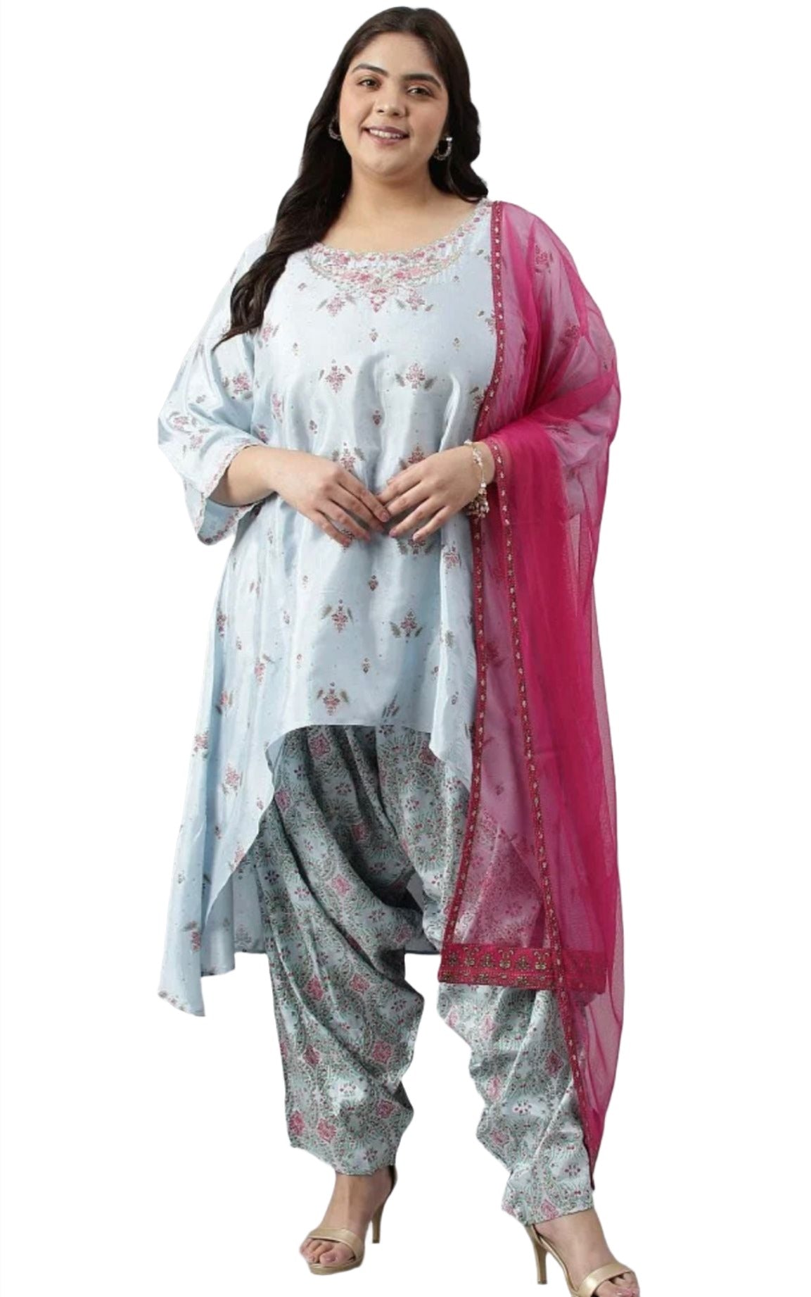 Plus Size Light Blue Paisley Print High-Low kurta With Draped Pants And Pink Dupatta in Germany