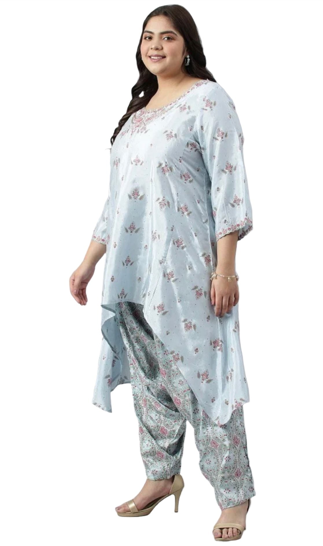 Plus Size Light Blue Paisley Print High-Low kurta With Draped Pants And Pink Dupatta in Germany