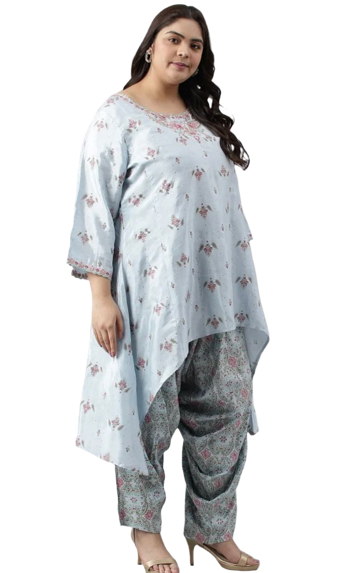 Plus Size Light Blue Paisley Print High-Low kurta With Draped Pants And Pink Dupatta in Germany