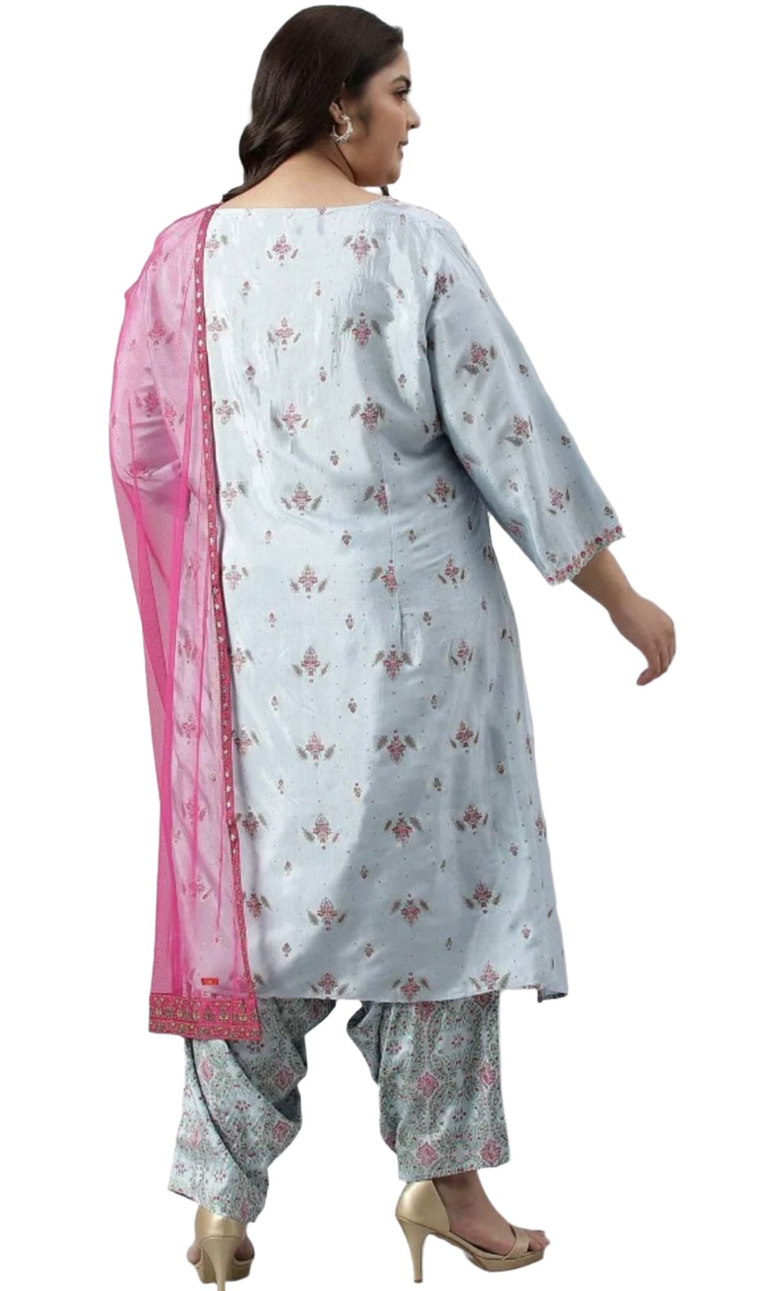 Plus Size Light Blue Paisley Print High-Low kurta With Draped Pants And Pink Dupatta in Germany