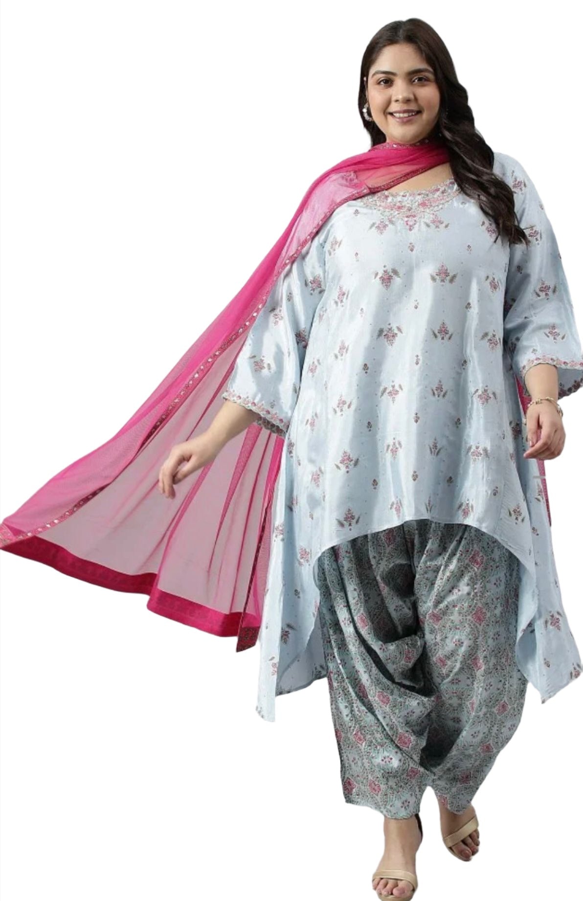Plus Size Light Blue Paisley Print High-Low kurta With Draped Pants And Pink Dupatta in Germany