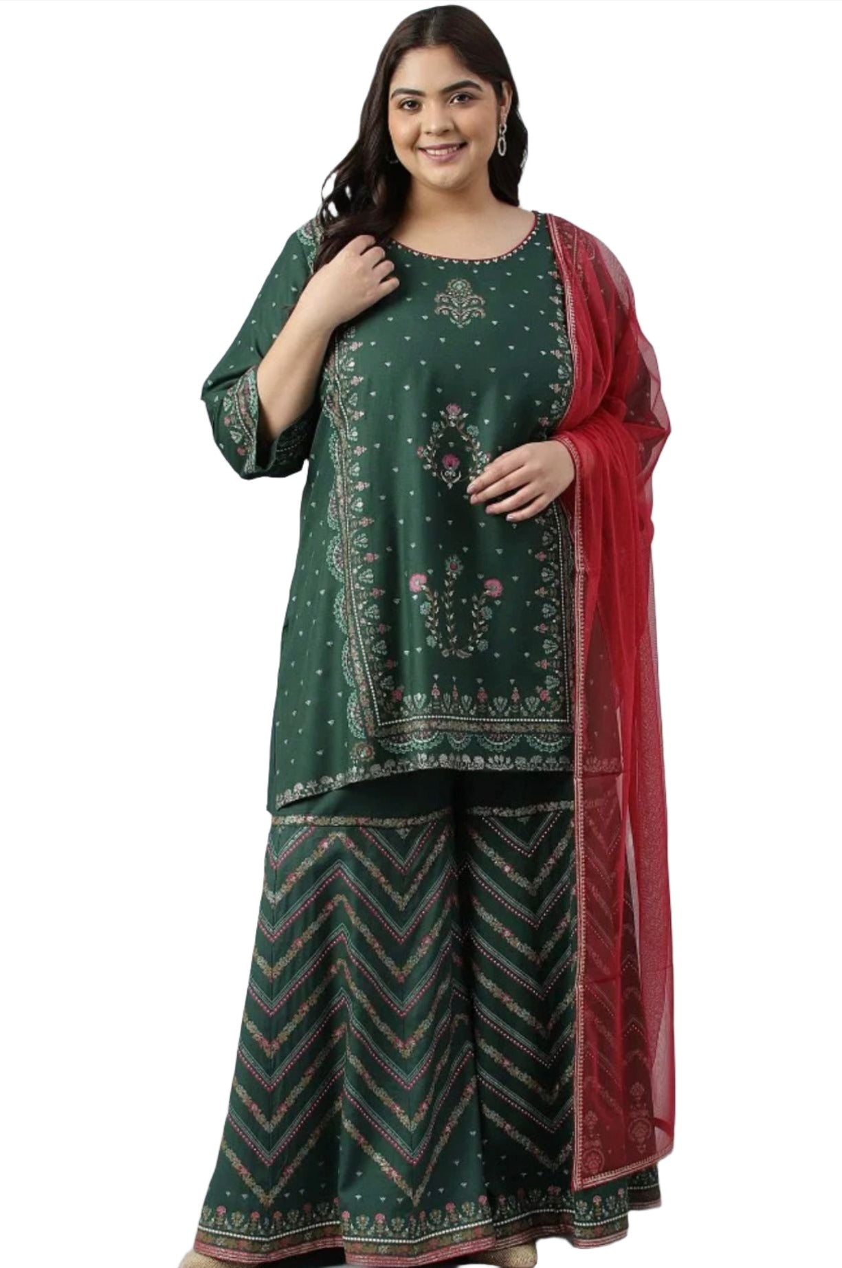 Plus Size Dark Green Glitter Floral Printed kurta With Sharara Pants And Pink Dupatta in Berlin