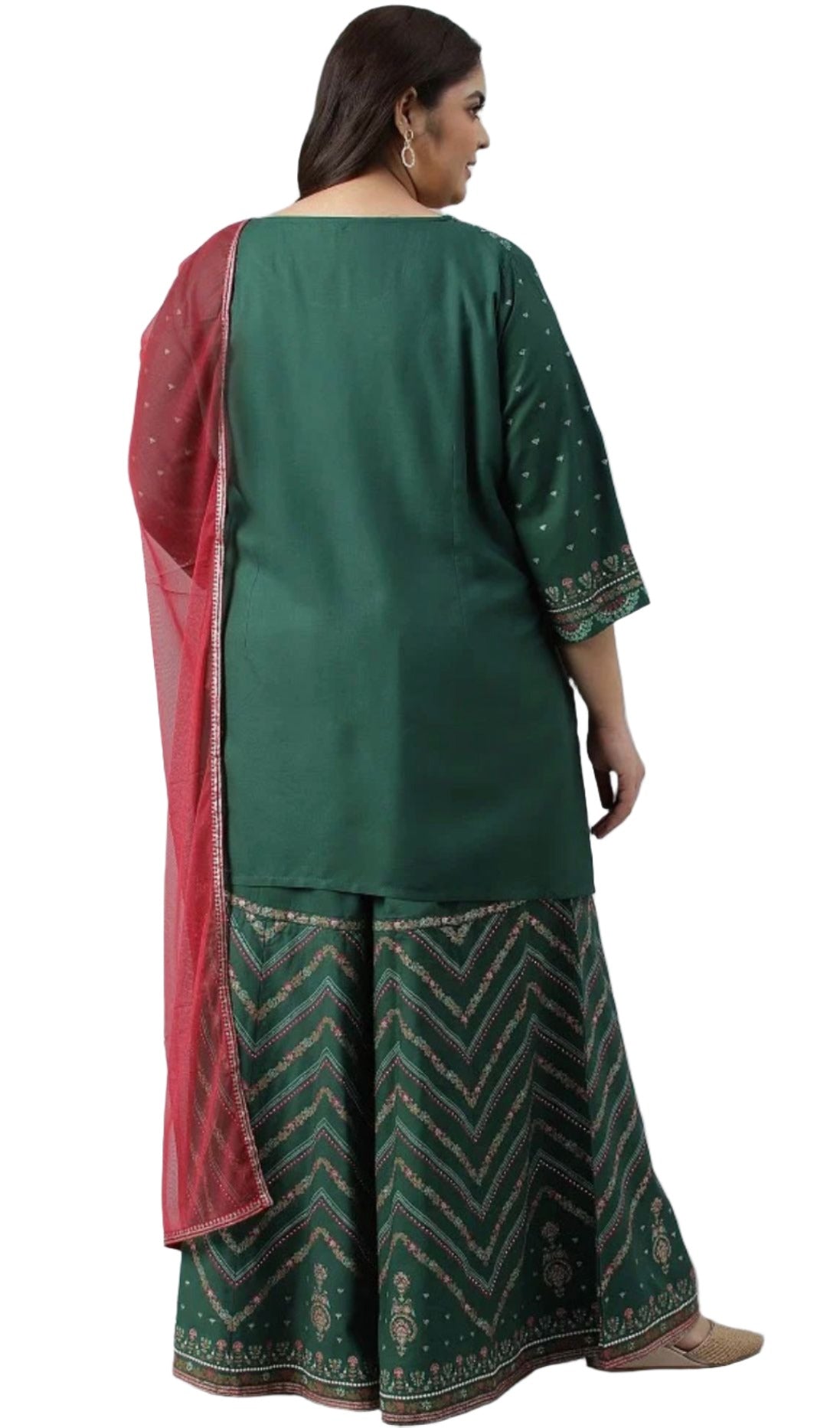 Plus Size Dark Green Glitter Floral Printed kurta With Sharara Pants And Pink Dupatta in Berlin