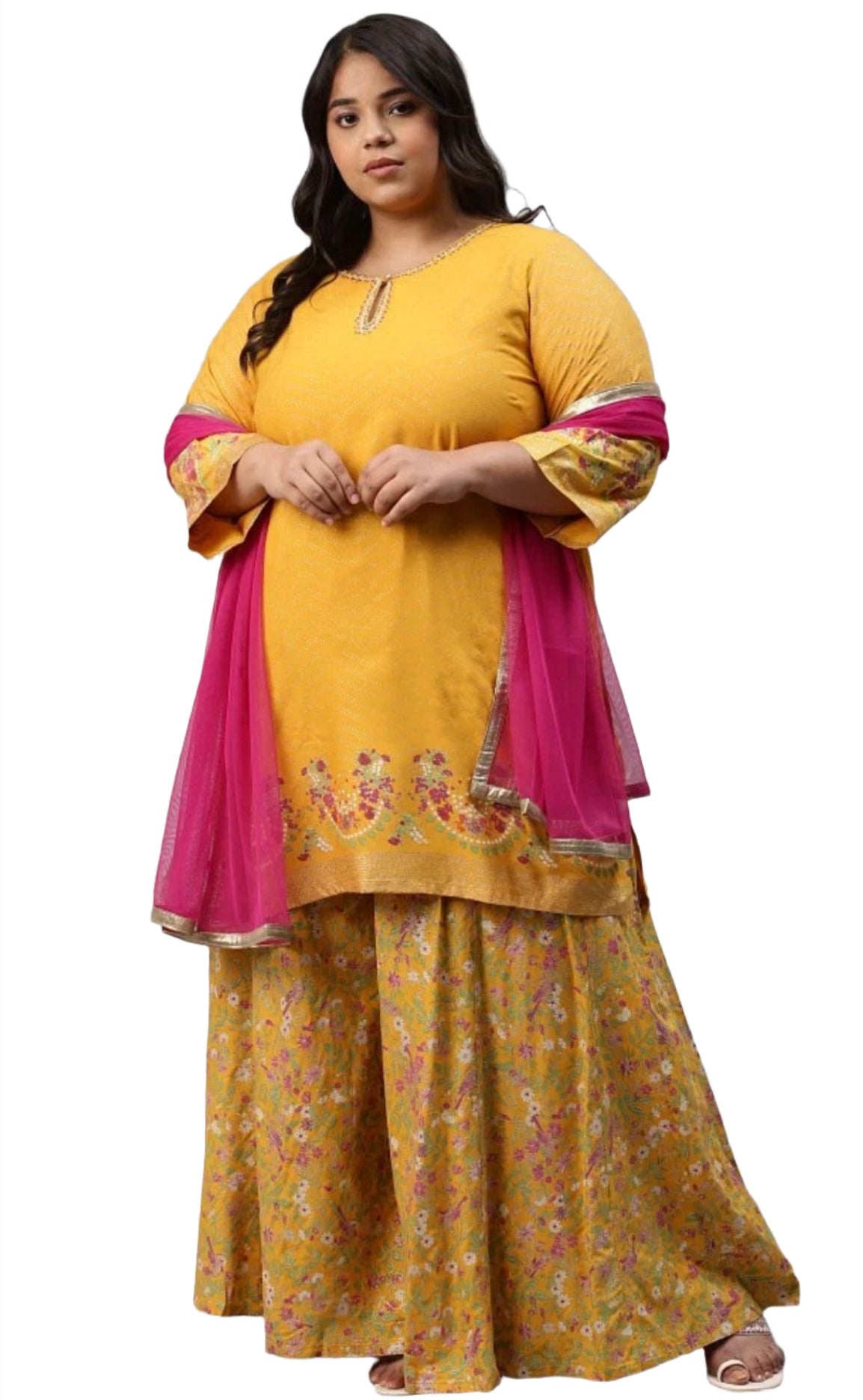 Yellow Embroidered kurta With Culottes And Pink Dupatta in Germany