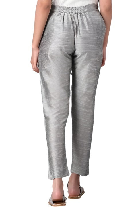 Silver Fitted Pants embroidery and fabric detail - Neha Couture Indian Fashion