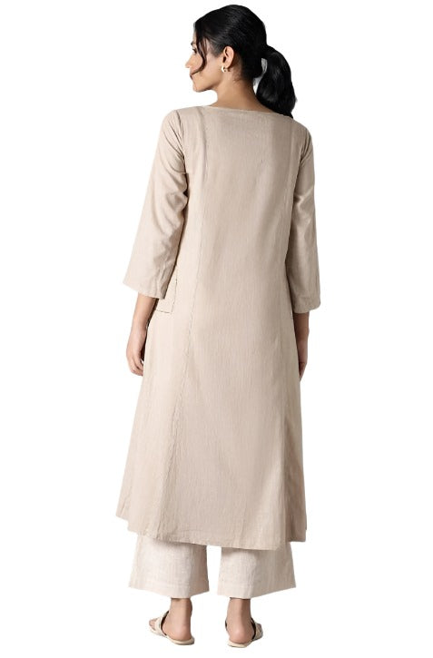 Beige Classic A-Line kurta With Kantha In Round Neck in Paris