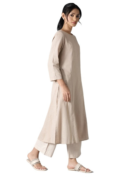 Beige Classic A-Line kurta With Kantha In Round Neck in Paris