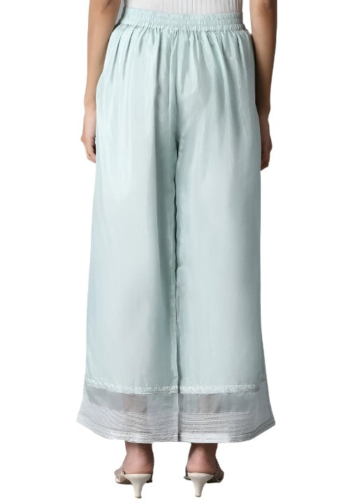 Sky Blue Shantung Parallel Pants embroidery and fabric detail - Neha Couture Indian Fashion
