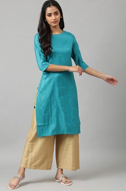 Teal Straight kurta With Sequin Highlight in Germany
