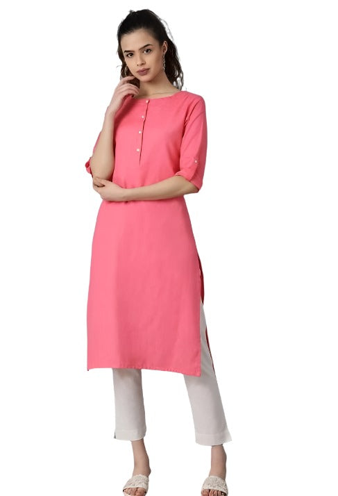 Pink Round Neck Solid kurta in Paris