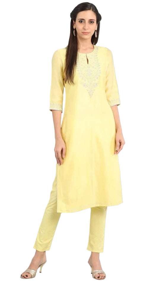 Yellow Round Neck kurta Set embroidery and fabric detail - Neha Couture Indian Fashion