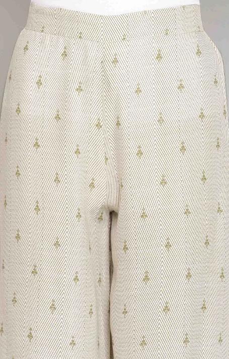 Ecru and Olive Printed Parallel Pants embroidery and fabric detail - Neha Couture Indian Fashion