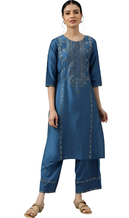 Blue Mukaish Placement Print kurta in Germany