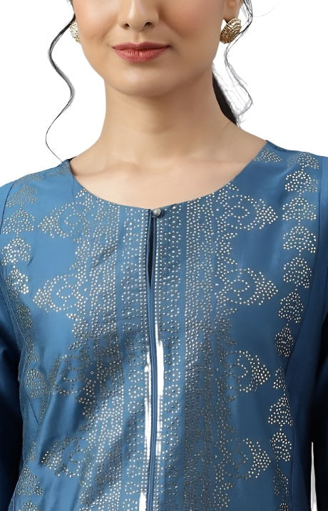 Blue Mukaish Placement Print kurta embroidery and fabric detail - Neha Couture Indian Fashion