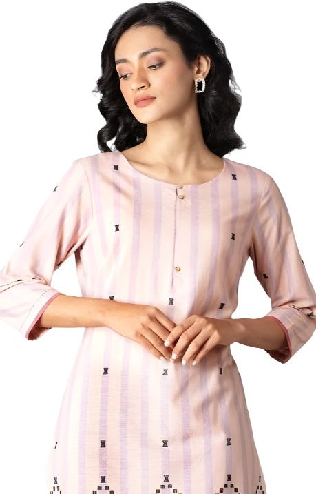Peach Striped Cotton Dobby kurta In Round Neck embroidery and fabric detail - Neha Couture Indian Fashion