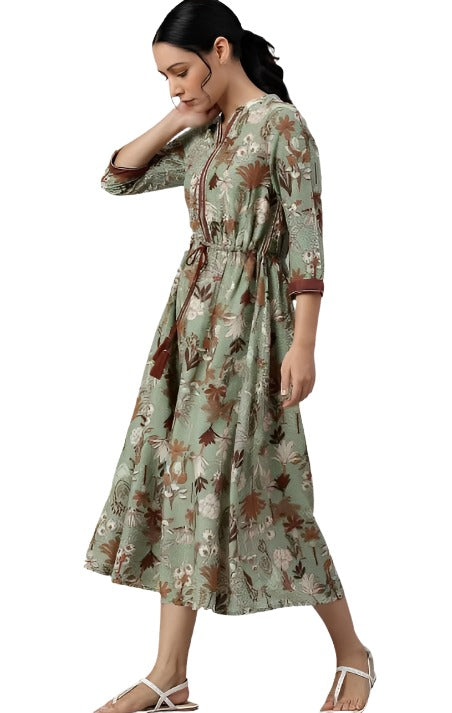 Green Printed Gathered Western Dress embroidery and fabric detail - Neha Couture Indian Fashion