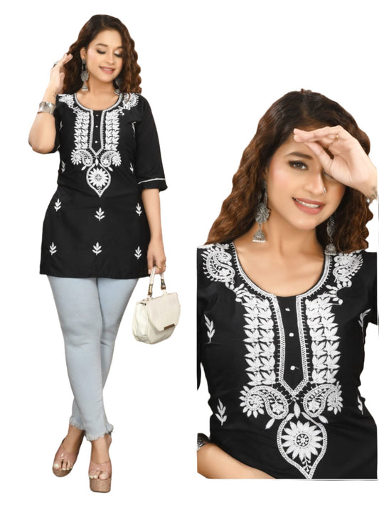 Lucknowi Work Short Kurti embroidery and fabric detail - Neha Couture Indian Fashion