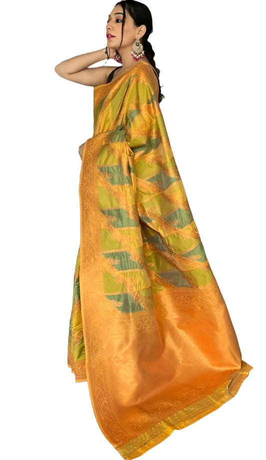 Pure Tissue Silk Saree With Gold Zari embroidery and fabric detail - Neha Couture Indian Fashion