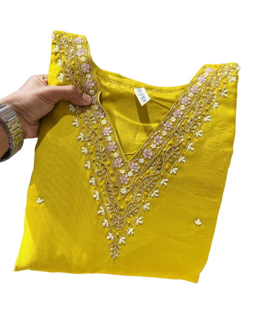Dola Silk Handwork Kurti dupatta Bottom Set embroidery and fabric detail - Neha Couture Indian Fashion