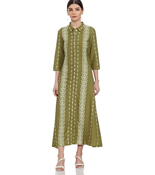 Woman  Rayon Olive Green A-Line Long Dress Maxi in Germany