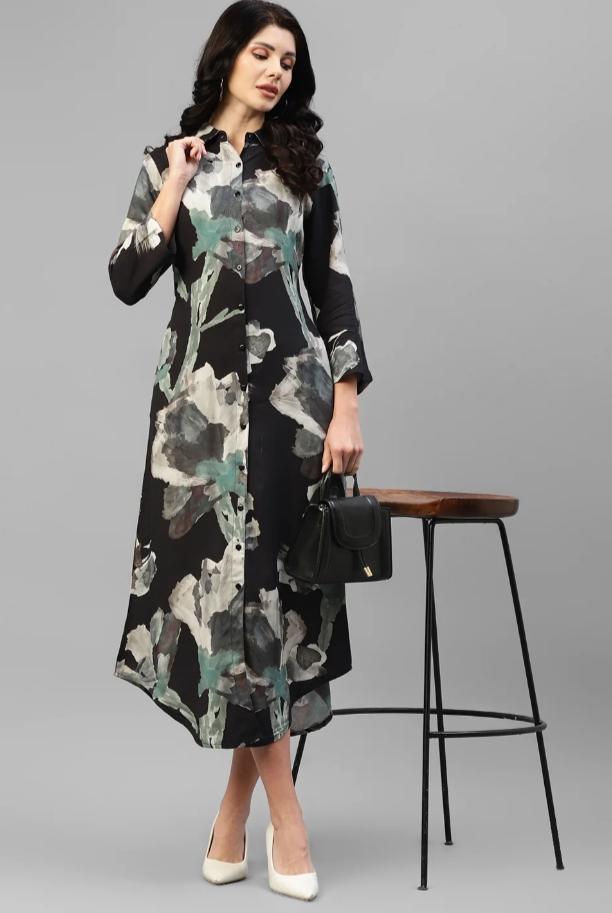 BLACK ABSTRACT VISCOSE RAYON WOMEN'S SHIRT DRESS