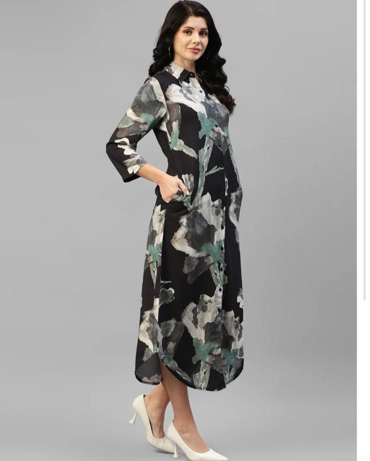 BLACK ABSTRACT VISCOSE RAYON WOMEN'S SHIRT DRESS