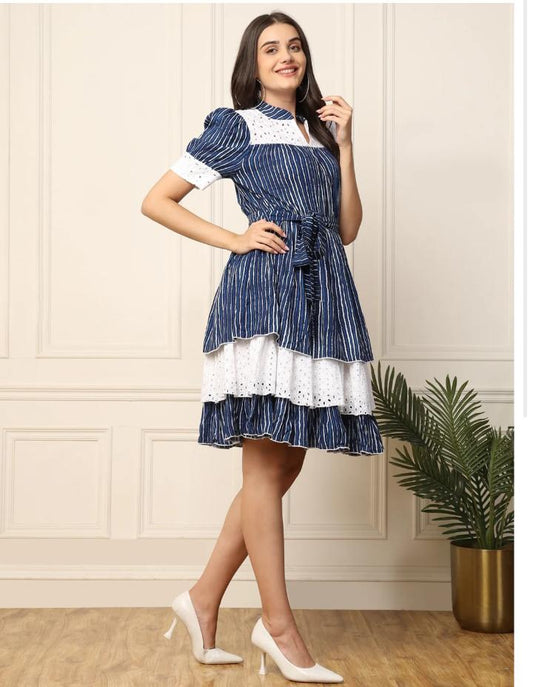 Indigo Striped with Schiffli Embroidered Tiered Layered Women Dress embroidery and fabric detail - Neha Couture Indian Fashion