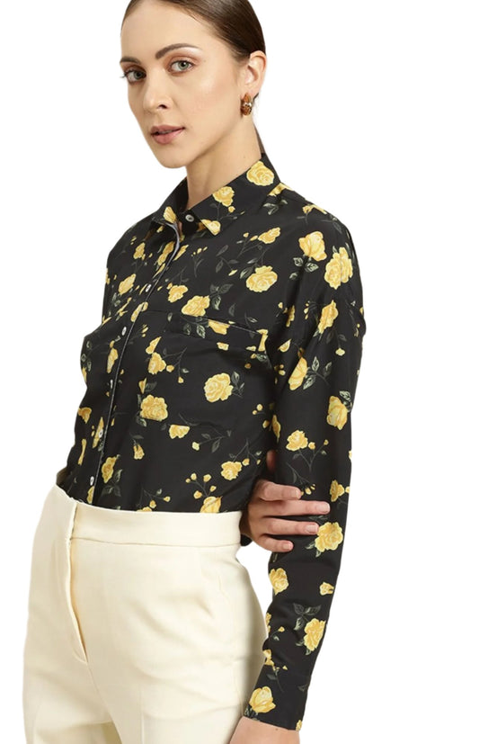 Women Black Floral Print Drop-Shoulder Sleeves Solid Formal Shirt embroidery and fabric detail - Neha Couture Indian Fashion