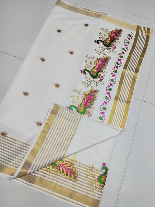 Onam Saree embroidery and fabric detail - Neha Couture Indian Fashion