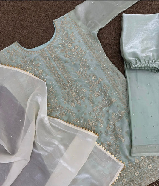 Pure Jimmy Choo Silk Suit embroidery and fabric detail - Neha Couture Indian Fashion