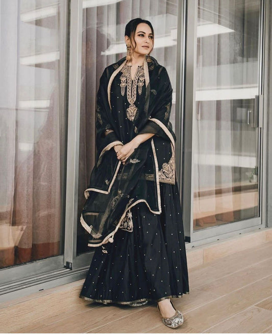 Gorgeous Black Chinon Silk With Sequence Work Sharara Suit With Dupatta in Germany