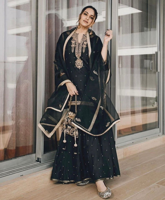 Gorgeous Black Chinon Silk With Sequence Work Sharara Suit With Dupatta embroidery and fabric detail - Neha Couture Indian Fashion