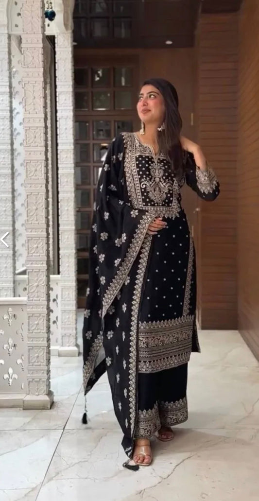 Grand Black Color Chinnon Silk Embroidery Sequence Plazzo Suit in Germany