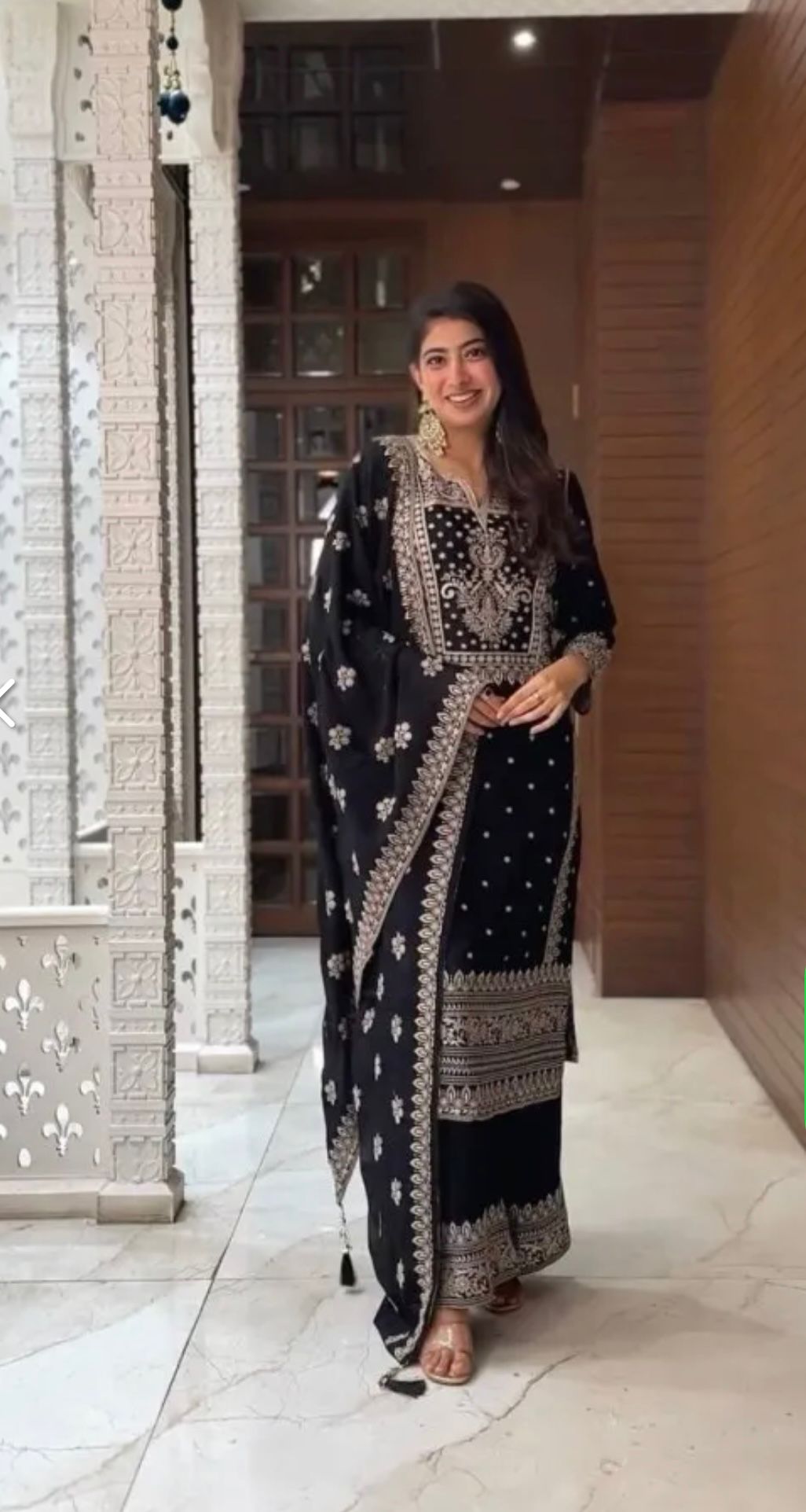 Grand Black Color Chinnon Silk Embroidery Sequence Plazzo Suit in Germany