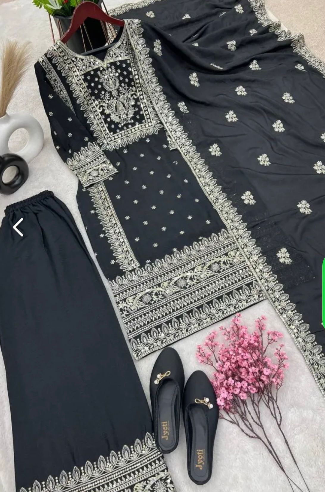 Grand Black Color Chinnon Silk Embroidery Sequence Plazzo Suit in Germany