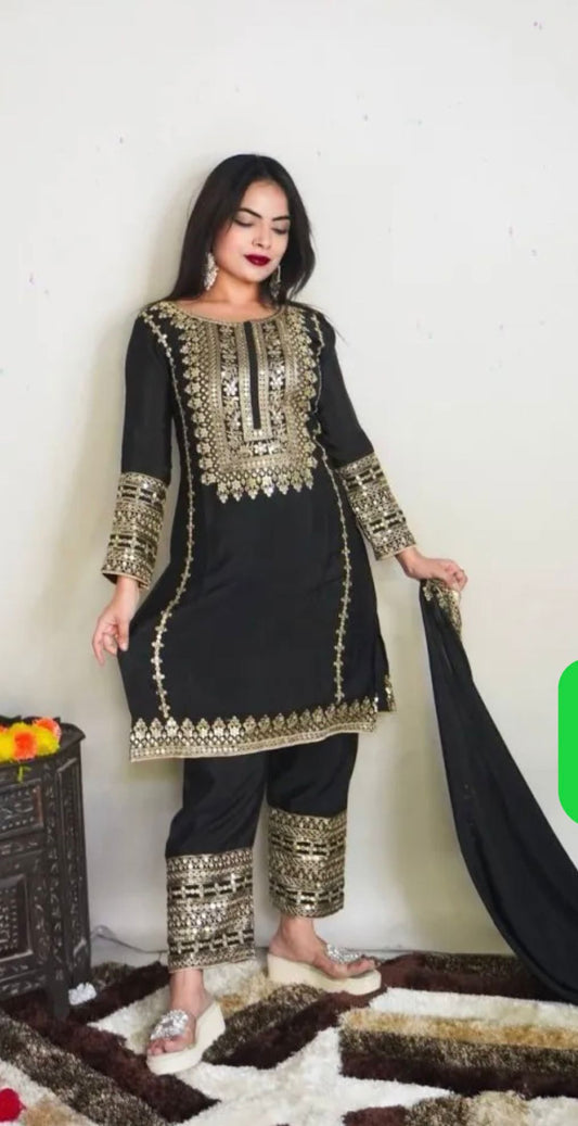 Elegant Pure Chinnon Silk Embroidery Pant Suit embroidery and fabric detail - Neha Couture Indian Fashion