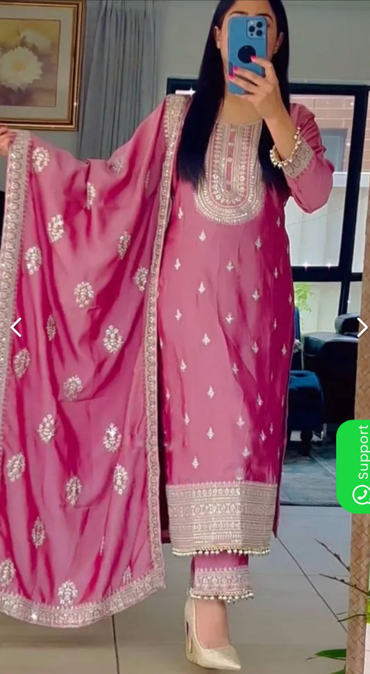 Pink Color Faux Georgette Embroidery Pant Suit in Munich